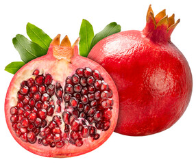 Pomegranate with leaf on white background, Pomegranate with slices isolate on white PNG File.