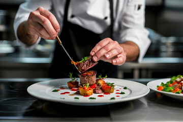 close up horizontal image of a fine dining chef finishing to decorate a fancy beef dish AI generated - obrazy, fototapety, plakaty