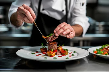 Foto op Canvas close up horizontal image of a fine dining chef finishing to decorate a fancy beef dish AI generated © AlfredoGiordano