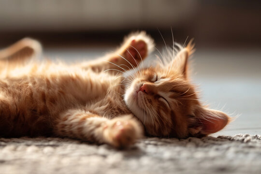 A cute red kitten taking a nap on it's back, sweet feline pet sleeping
