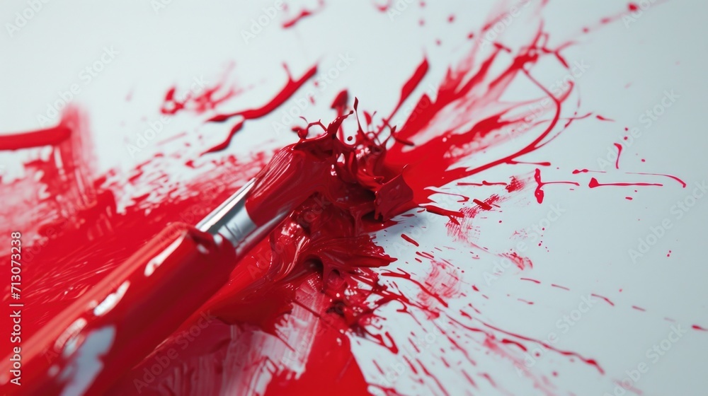 Poster A close-up view of a paintbrush with red paint on it. This image can be used for various creative projects and artistic representations