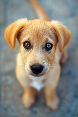 A small brown dog sitting on top of a cement floor. Can be used to depict pet ownership or a cute animal in an urban setting