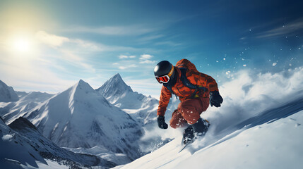 Naklejka na ściany i meble Young man snowboarder running downhill