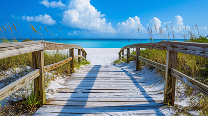 A beautiful wooden walkway or pier leading into a clear blue ocean on a sunny day, perfect summer vacation, travel inspiration