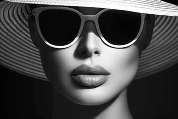 AI generated illustration of a monochrome portrait of a stylish woman donning sunglasses and a hat © Wirestock