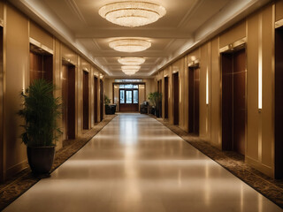 Naklejka premium Interior of hotel corridor with elevator design.