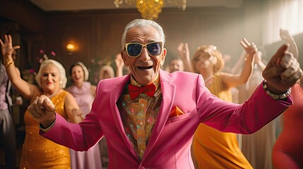 Exuberant elderly man dancing at a party in a bright pink suit - obrazy, fototapety, plakaty