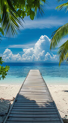 A beautiful wooden walkway or pier leading into a clear blue ocean on a sunny day, perfect summer vacation, travel inspiration