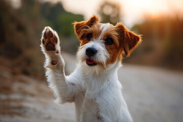 A cute dog raising his paw as to give high five, or get the owner's attention