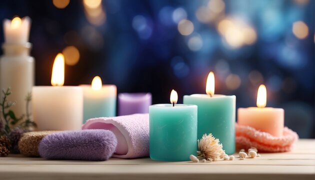 Soap And Candle On Bathroom. Decoration With Soft Focus Light And Bokeh Background