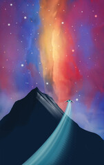 Spaceship flying around mountain with nebula and star field . Fantasy digital painting