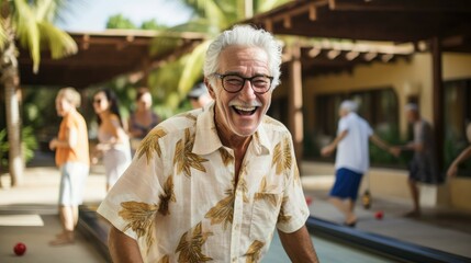 Joyful senior playing bocce ball with friends at a tropical resort.