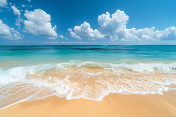 Fototapeta na wymiar A beautiful sand beach and soft blue ocean waves, summer vacation inspiration