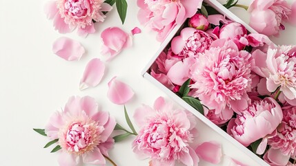 Valentine's Day postcard with pink peonies in a box on white background