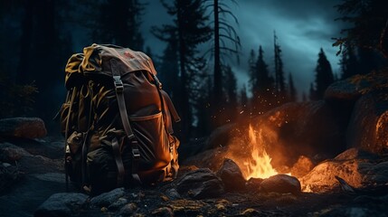 Backpack beside campfire with starry night sky in wilderness