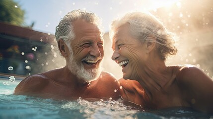 Obraz na płótnie Canvas Elderly couple shares a laugh in a hot tub, radiating warmth and joy.