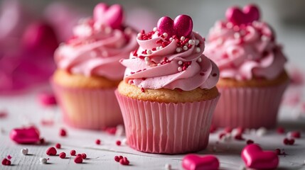 Valentine's Day cupcake arrangement with pink frosting and heart-shaped sprinkles on a white isolate background