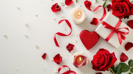 Valentine's Day postcard with gift heart shape, roses and candles on white background