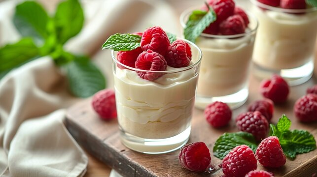 White chocolate mousse served in individual glasses, garnished with raspberries and mint leaves
