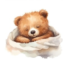 Cute baby bear cub character sleeping in bed under the blanket watercolor illustration for children book.
