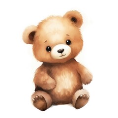 Cute baby bear cub character sitting and smiling watercolor illustration for children book.