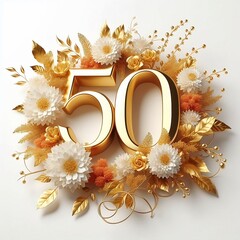 50 th golden texture with golden flowers on white background
