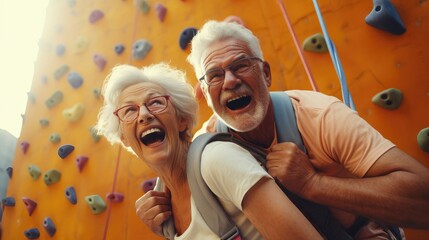 Ecstatic elderly couple climbing together on an indoor climbing wall, full of joy.