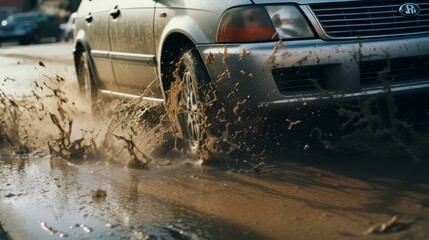 Car driving over a pothole, splashing water and debris 