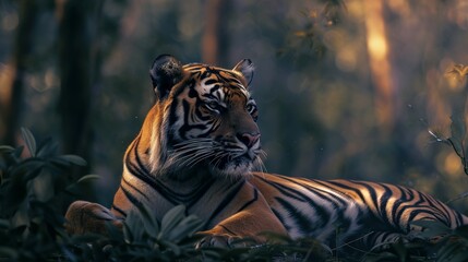 a tiger is lying down in the forest looking at the camera, in the style of ultraviolet photography, realistic animal portraits, indonesian art, photo taken with provia