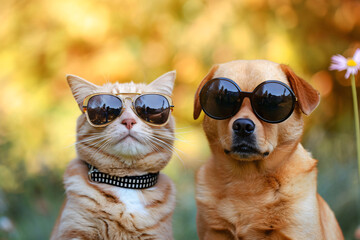 A cat and a dog friends sitting side by side wearing sunglasses