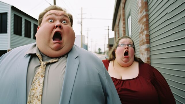 Expressive Portraits: Man and Overweight Woman in Engaging Expressions