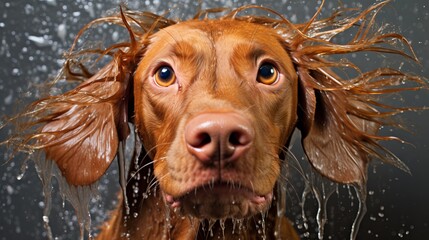 Hungarian vizsla dog enjoying a relaxing bath with shampoo in a professional grooming salon