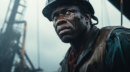 Resilient oil rig worker braving stormy conditions - obrazy, fototapety, plakaty