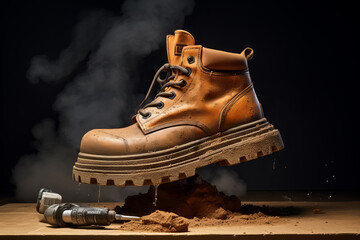 Working boot stained with dirt is positioned above a pile of sand and earth. Particles and liquid are falling from the boot. A tool is placed next to the sand and there's some smoke in the background.