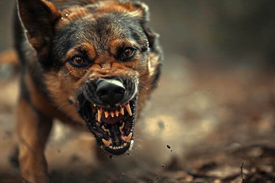 An aggressive dog growling and attacking, a dangerous dog showing it's teeth