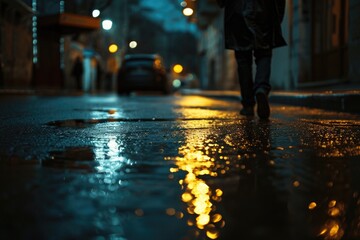 A person walking in the rain, protected by an umbrella. Suitable for various uses