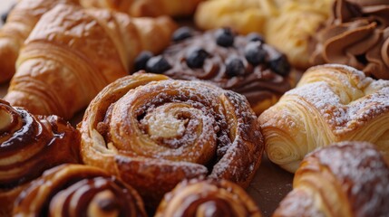 A table filled with a variety of pastries, all covered in a dusting of powdered sugar. Perfect for bakery advertisements or food blog posts