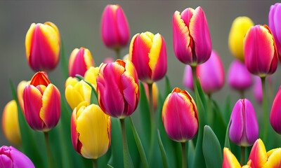 Colorful pink and yellow tulip flowers blooming in the garden