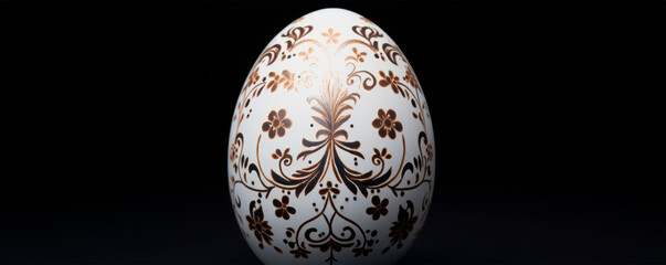 Exquisite white egg with ornate brown handmade floral pattern elegantly laid on a black background. folk art and craftsmanship. Elegant festive Easter background