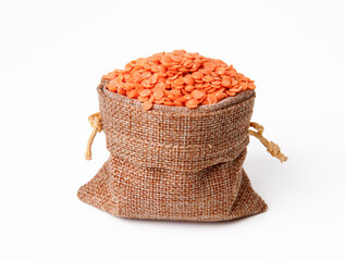 Red Lentils In A Burlap Sack Bag Closeup Photo Isolated On White Background