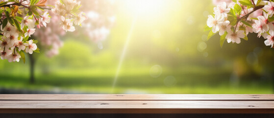 Wooden table spring nature bokeh background, empty wood desk product display mockup with green park sunny blurry abstract garden backdrop landscape ads showcase presentation. Mock up, copy space.