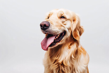 Cute portrait of a happy golden retriever in front of a white background