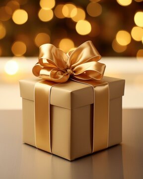 Golden gift box with bow on a table with blurred background. Generative AI.