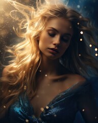 A beautiful blonde woman with long hair in the dark. Generative AI.