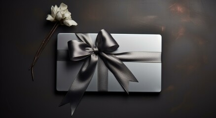 Silver gift box with white flower on black background. Generative AI.