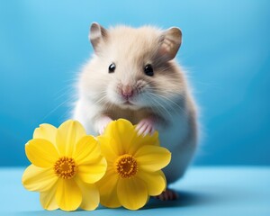 A hamster is holding a yellow flower. Generative AI.