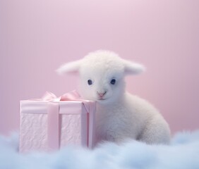 A baby lamb with a pink gift box on a pink background. Generative AI.