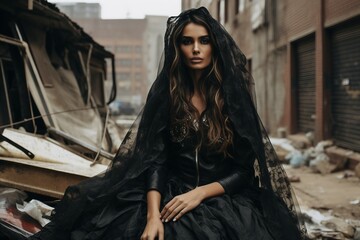 Stylish young model in a black maxi dress with a background of garbage-filled streets - obrazy, fototapety, plakaty