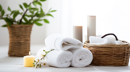 Obraz na płótnie Canvas Spa accessory composition set in day spa hotel , beauty wellness center . Spa product are placed in luxury spa resort room , ready for massage therapy from professional service.