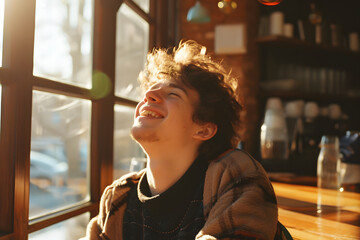 Coffee Bliss: Joyful Young Man in the Cosy Embrace of Urban Cafe